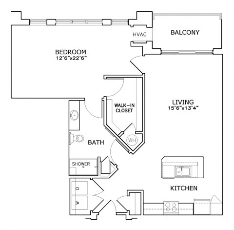Floor plan for 1 bed, 1 bath, 900 sqft